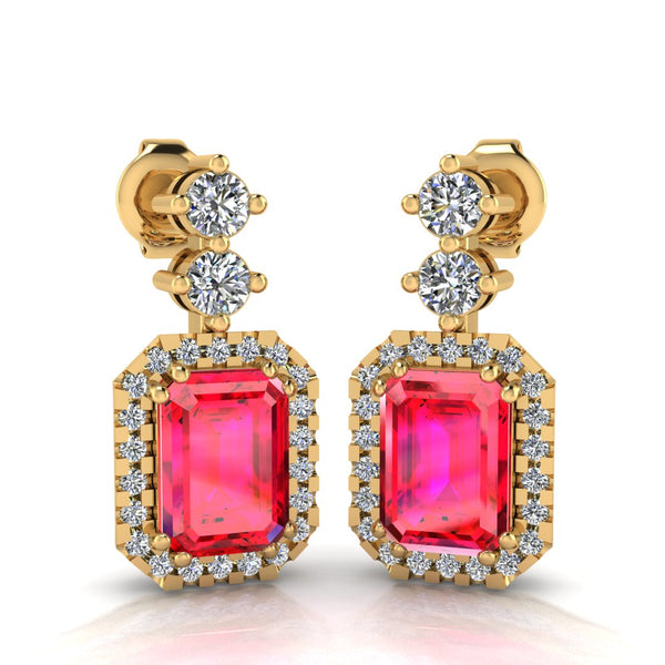 Emerald Cut 1 Carat Ruby Lab Grown Diamond Halo Drop Earrings E1ECR