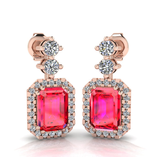 Emerald Cut 1 Carat Ruby Natural Diamond Halo Drop Earrings E1ECR
