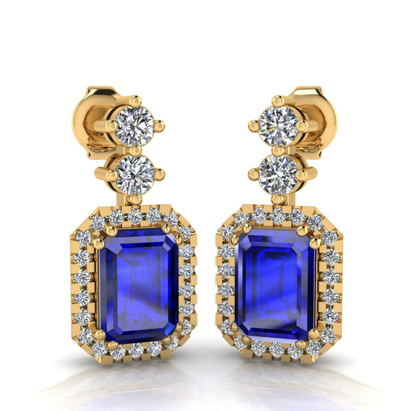 Emerald Cut 1 Carat Sapphire Natural Diamond Halo Drop Earrings E1ECS
