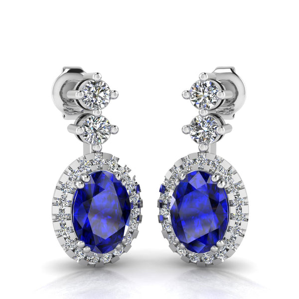 Sapphire 1.40 Carat Oval Shape Halo Natural Diamond Drop Earrings E1OCS - HEERA DIAMONDS