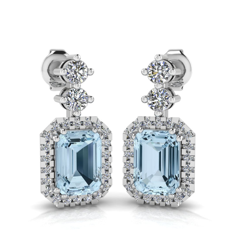 Emerald Cut 1 Carat Aquamarine Lab Grown Diamond Halo Drop Earrings E1ECA - HEERA DIAMONDS