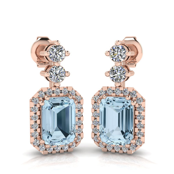 Emerald Cut 1 Carat Aquamarine Natural Diamond Halo Drop Earrings E1ECA