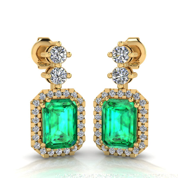 Emerald Cut 1 Carat Emerald Natural Diamond Halo Drop Earrings E1ECE
