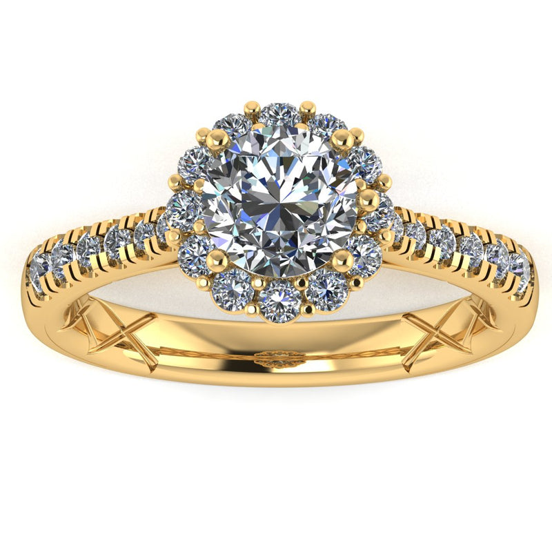 "Imogen" Flower Halo Round Brilliant Cut Diamond Scallop Set Diamond Shoulder Engagement Ring HARB06 - HEERA DIAMONDS