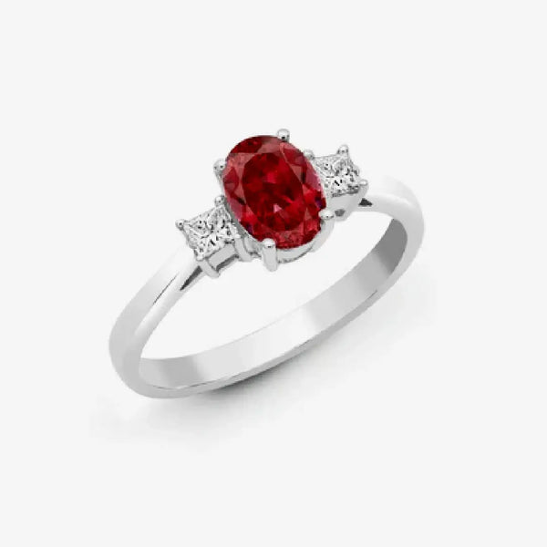 18ct White Gold Diamond And Ruby 3 Stone Ring HEERA DIAMONDS
