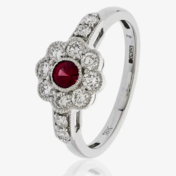 18ct White Gold Ruby Cluster Ring with Side Diamonds HEERA DIAMONDS
