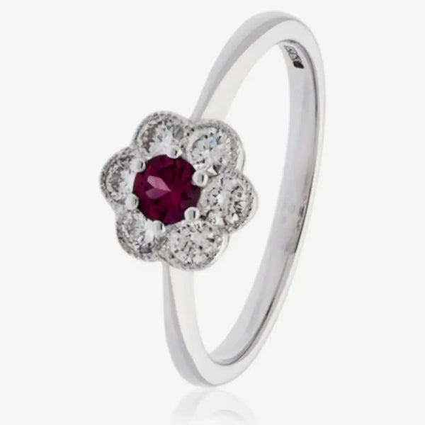 18ct White Gold Ruby Deco Cluster Ring HEERA DIAMONDS