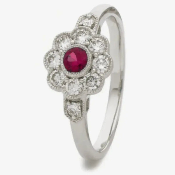 18ct White Gold Ruby Deco Cluster Ring HEERA DIAMONDS