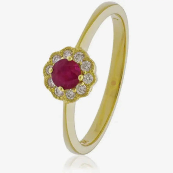 18ct Yellow Gold Ruby Deco Cluster Ring HEERA DIAMONDS