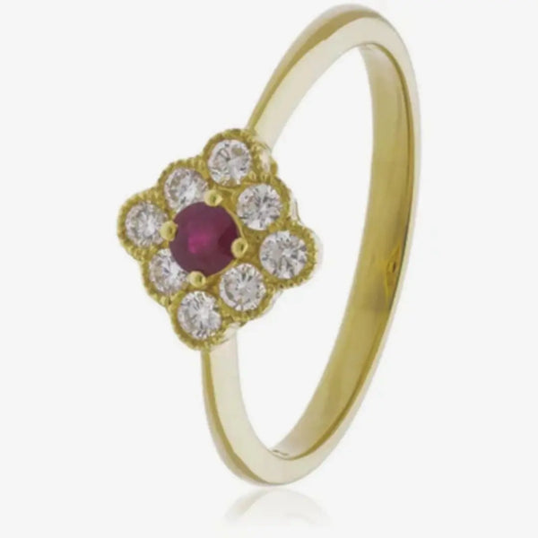 18ct Yellow Gold Ruby and Diamond Deco Cluster Ring HEERA DIAMONDS