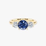 "Bluzz" Round Cut 1.5 Carat Blue Sapphire Trilogy Lab Grown Diamond Yellow Gold Engagement Ring 3SRB51