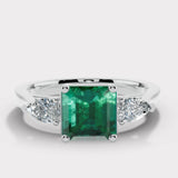 "Danica" Three Stone Trilogy 1.77 Carat Green Emerald Octagon Centre Pear Shoulders Platinum Ring