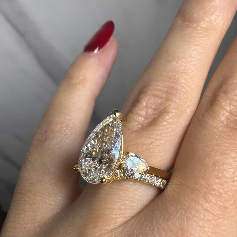 "Elizabeth" Three stone Pear Shape Diamond Trilogy Matching Bridal Set Engagement Ring HEERA DIAMONDS