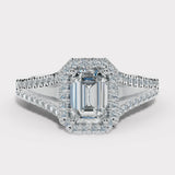 "Elora" 1 Carat Octagon Halo Emerald Cut Diamond Split Diamond Shoulder Engagement Ring HAEC08