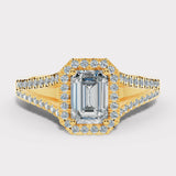 "Elora" 1 Carat Octagon Halo Emerald Cut Diamond Split Diamond Shoulder Engagement Ring HAEC08