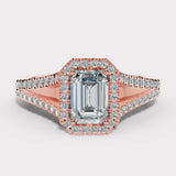 "Elora" 1 Carat Octagon Halo Emerald Cut Diamond Split Diamond Shoulder Engagement Ring HAEC08
