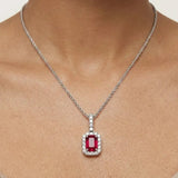 Emerald Cut Ruby Pendant with Diamond Halo With Chain