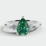 "Glenda" 3.5 Carat Lab Grown Green Emerald Three Stone Pear Cut Platinum Trilogy Engagement Ring 3SPS01E HEERA DIAMONDS