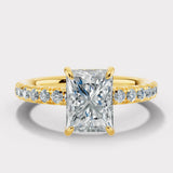 "Grace" Hidden Under Halo 4 Carat Elongated Radiant Cut Diamond Yellow Gold Engagement Ring
