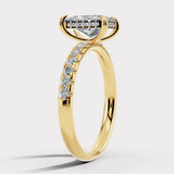 "Grace" Hidden Under Halo 4 Carat Elongated Radiant Cut Diamond Yellow Gold Engagement Ring