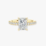 "Grace" Hidden Under Halo 4 Carat Elongated Radiant Cut Diamond Yellow Gold Engagement Ring