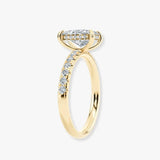 "Grace" Hidden Under Halo 4 Carat Elongated Radiant Cut Diamond Yellow Gold Engagement Ring
