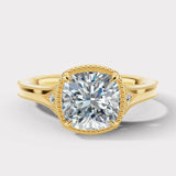 "Hope" Cushion Cut 3 Carat Trilogy Platinum Engagement Ring- Yellow Gold