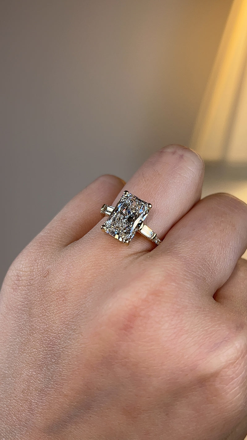 "Seline" Radiant Cut with Baguette Side Stone Trilogy Style Engagement Ring