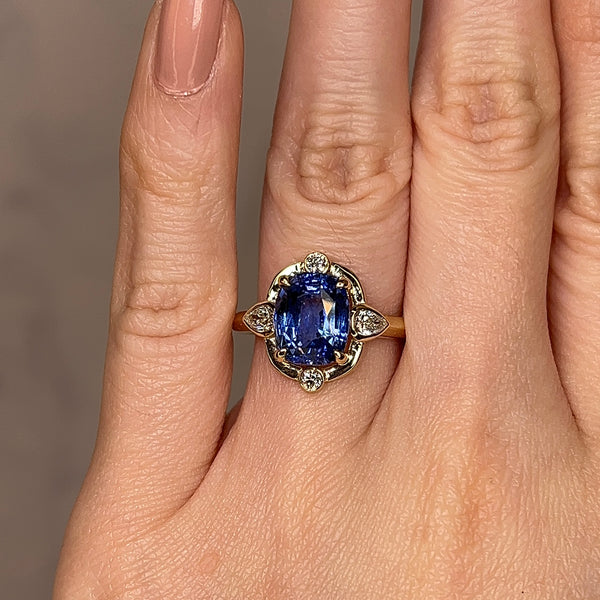 "Miranda" Art Deco Star Blue Cushion Cut Diamond Engagement Ring