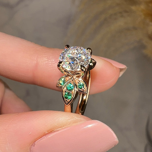 "Orla" Floral Round Brilliant Cut Diamond Green Leaf Marquise Emerald Engagement Ring