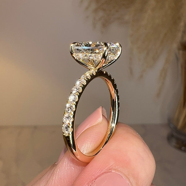 "Grace" Hidden Under Halo 4 Carat Elongated Cushion Cut Diamond Yellow Gold Engagement Ring - HEERA DIAMONDS