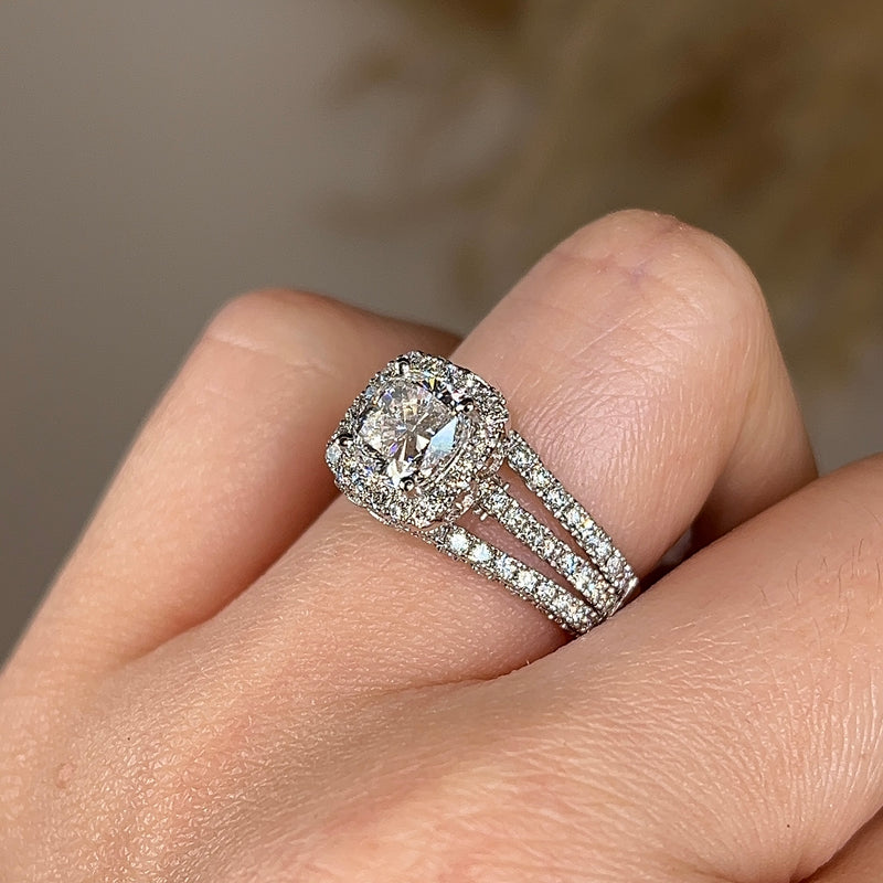 "Samara" Halo 1.25 Carat Cushion Cut Three Row Diamond Shoulder Platinum Engagement Ring - HEERA DIAMONDS