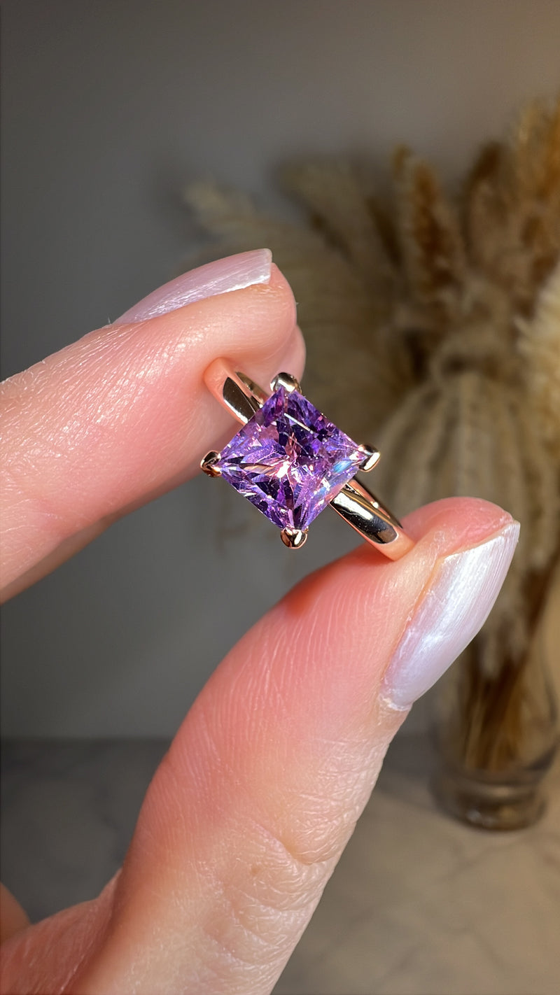 "Julie" Princess Cut Amethyst Under Halo Engagement Ring