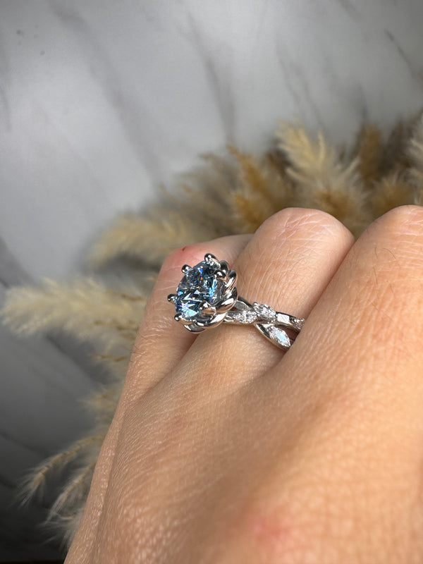 "Issabelle" Blue Round Cut and Marquise Diamond Shoulder Engagement Ring