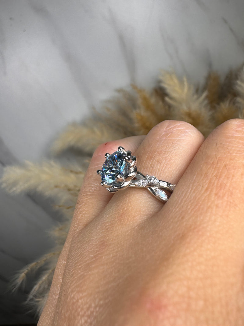 "Issabelle" Blue Round Cut and Marquise Diamond Shoulder Engagement Ring