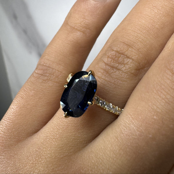 "Dorie" Blue Sapphire 4 Carat Under Halo Diamond Shoulder Gemstone Ring