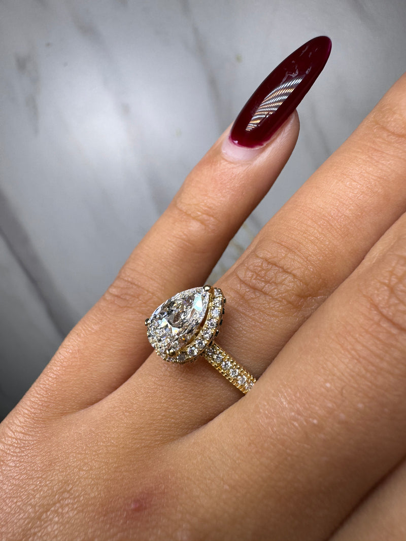 "Brianca" Halo Pear Cut 4 Carat Diamond Shoulder Engagement Ring