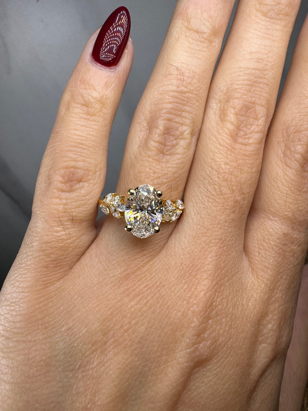 "Daisy" Oval Cut Under Halo with Marquise Cut Diamond Shoulder Engagement Ring