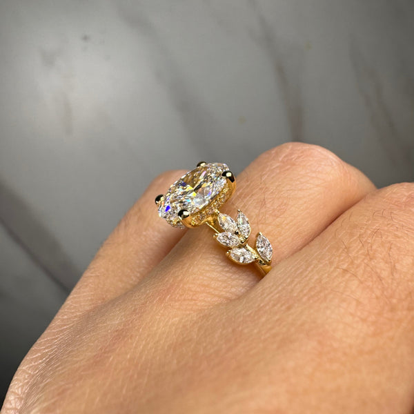 "Daisy" Oval Cut Under Halo with Marquise Cut Diamond Shoulder Engagement Ring