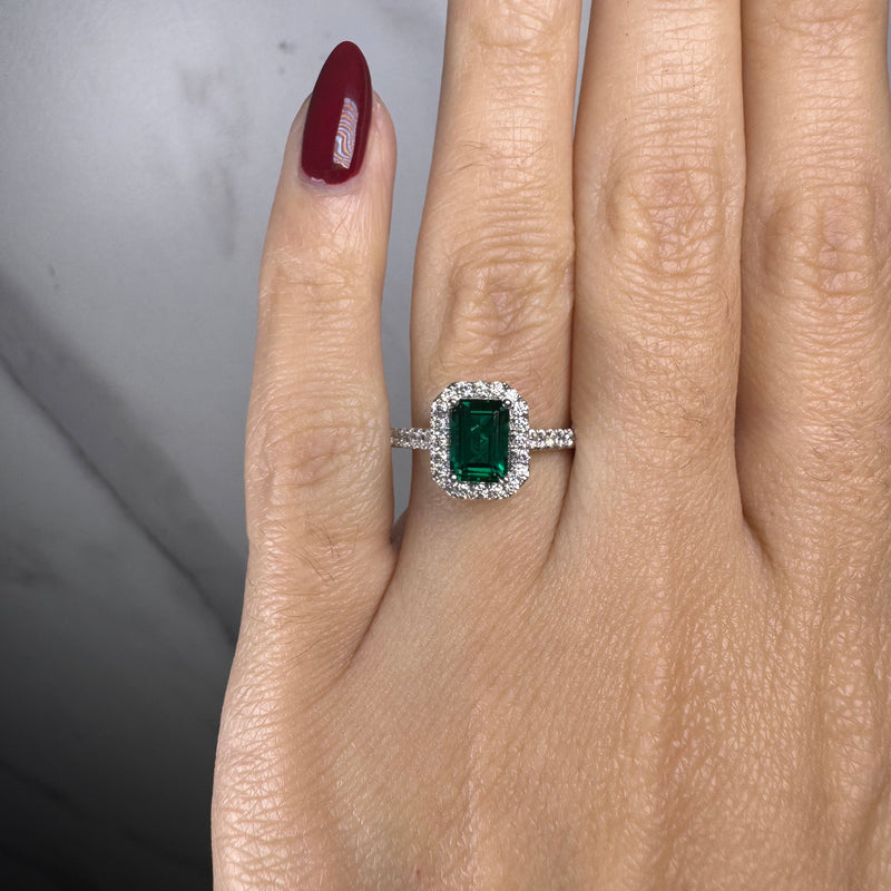 "Curena" Emerald Cut Halo and Diamond Shoulder Engagement Ring HAEC05E