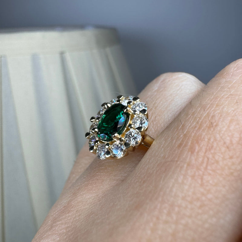 "Jass" Oval Cut Halo 2.5 Carat Emerald Yellow Gold Engagement Ring