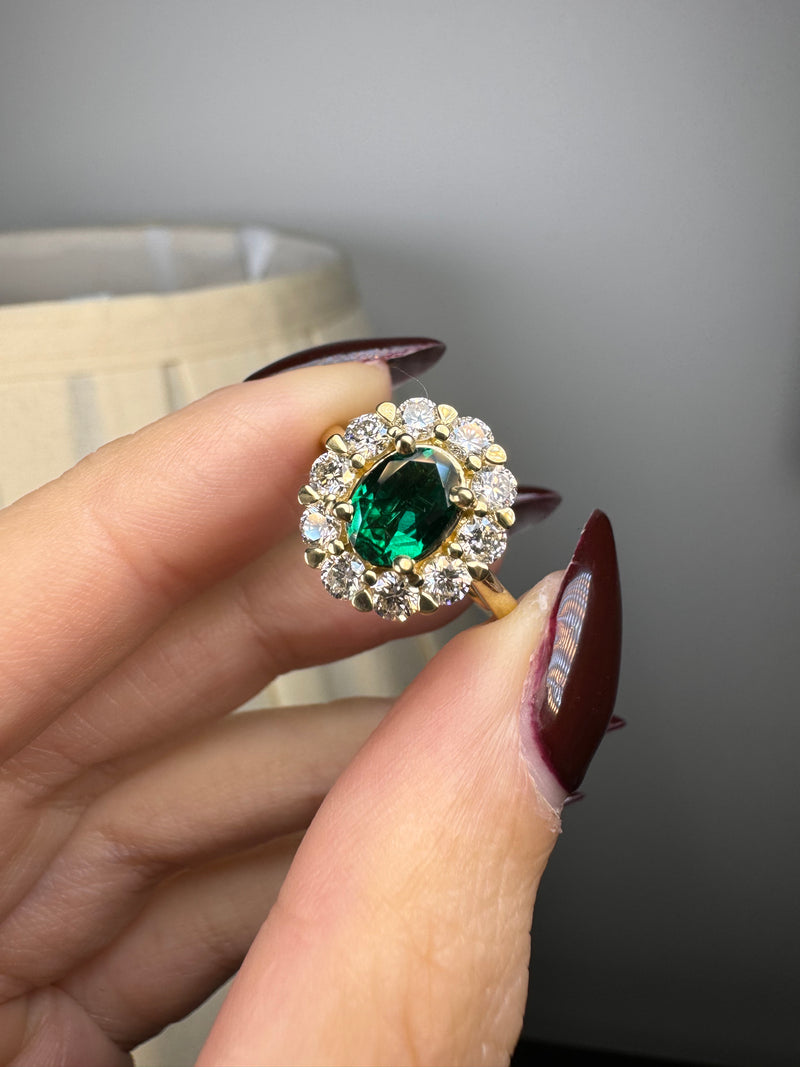 "Jass" Oval Cut Halo 2.5 Carat Emerald Yellow Gold Engagement Ring