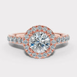 "Indy" 1 carat Halo Round Brilliant Cut Diamond Scallop Set Diamond Shoulder Engagement Ring HARB17