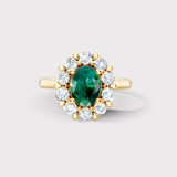 "Jass" Oval Cut Halo 2.5 Carat Emerald Yellow Gold Engagement Ring HEERA DIAMONDS