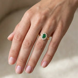 "Jass" Oval Cut Halo 2.5 Carat Green Lab Grown Emerald Yellow Gold Engagement Ring