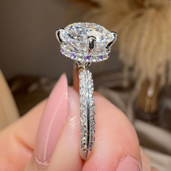 "Laney" Purple & Green Hidden Halo Round Brilliant Cut Diamond Pave Shoulders Engagement Ring - HEERA DIAMONDS