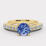 "Midnight" Round Cut 2 Carat Electric Blue Lab Grown Diamond Shoulder 18kt Yellow Gold Engagement Ring DSRB04