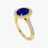 "Norix" Blue Sapphire 0.44 Carat Oval Cut Halo Natural Diamond Shoulder Engagement Ring HR1271