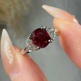 "Nyra" Ruby 1.41 Carat Cushion Cut Trilogy Diamond Engagement Ring HM2049 HEERA DIAMONDS