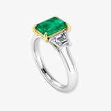 "Orlien" Green Emerald 0.65 Carat Emerald Cut Natural Diamond Trilogy Engagement Ring HM2043